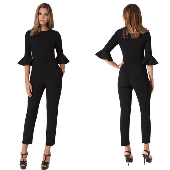 Black Halo Brooklyn Jumpsuit Black Bell Sleeve Pantsuit Size 4 - Picture 2 of 13